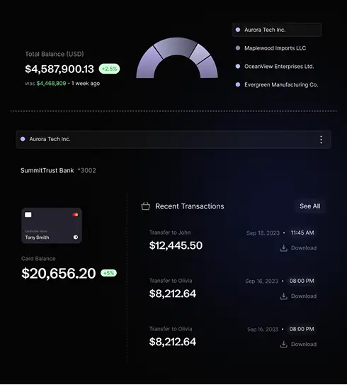 Aspect product interface showing connected banks